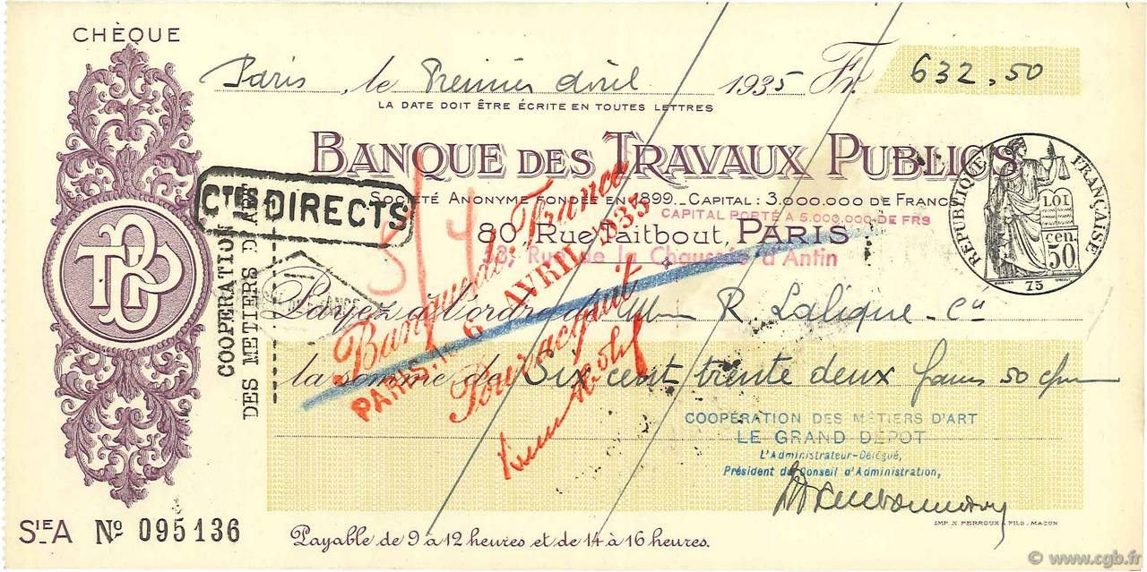 632,50 Francs FRANCE régionalisme et divers Paris 1935 DOC.Chèque SUP