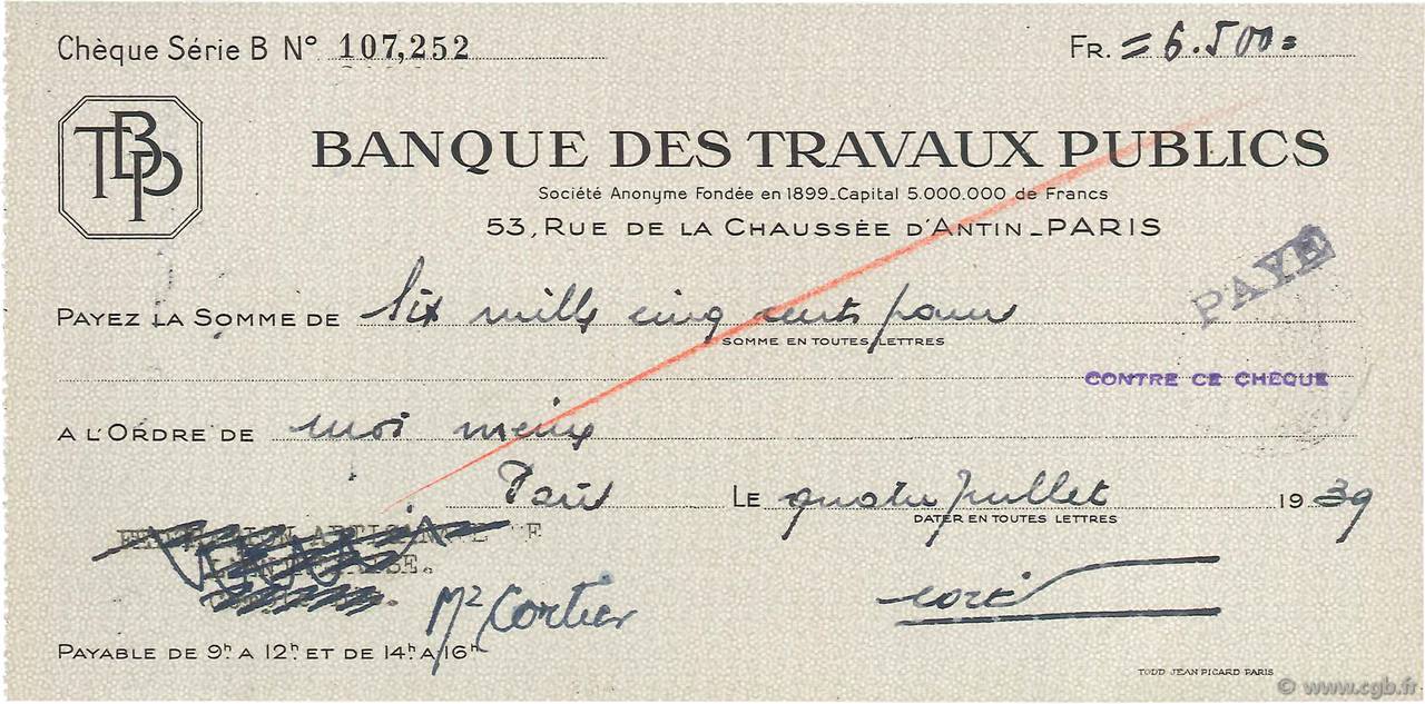 6500 Francs FRANCE régionalisme et divers Paris 1939 DOC.Chèque SPL