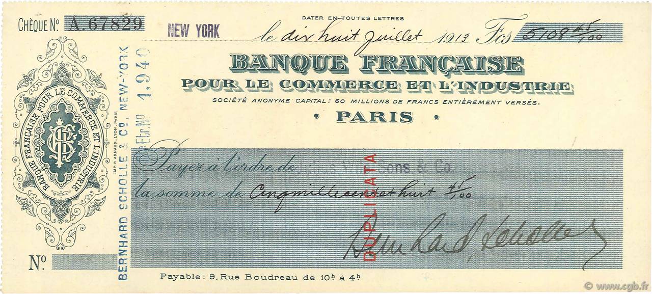 5108,45 Francs FRANCE régionalisme et divers Paris 1913 DOC.Chèque SUP