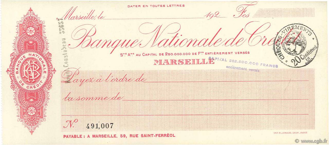 Francs FRANCE régionalisme et divers Marseille 1920 DOC.Chèque SPL