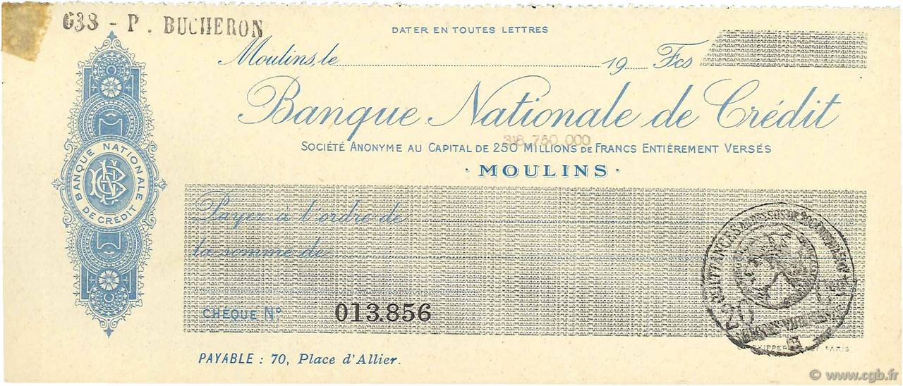Francs FRANCE régionalisme et divers Moulins 1915 DOC.Chèque SPL