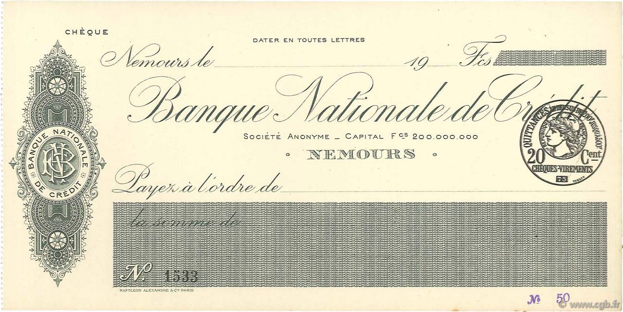 Francs FRANCE régionalisme et divers Nemours 1915 DOC.Chèque NEUF