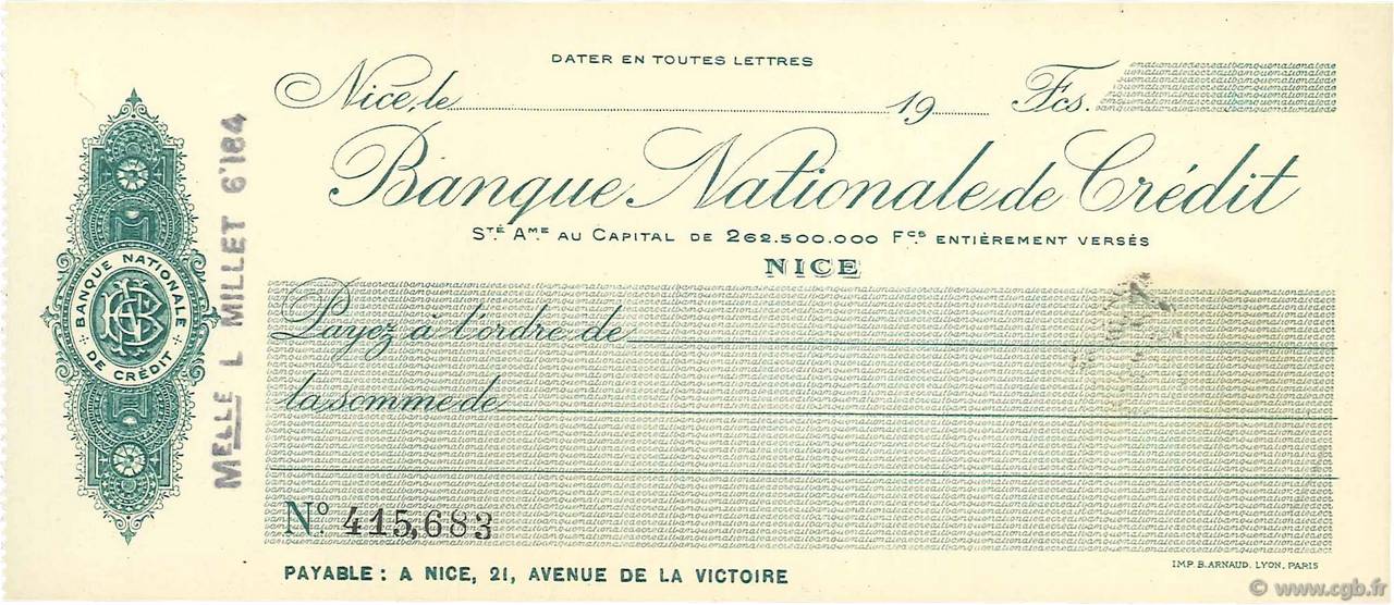 Francs FRANCE regionalismo e varie Nice 1915 DOC.Chèque SPL
