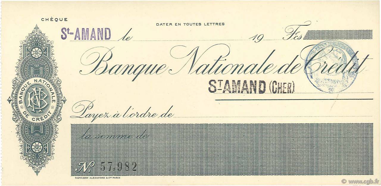 Francs FRANCE régionalisme et divers St.Amand 1915 DOC.Chèque NEUF