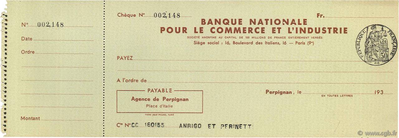 Francs FRANCE regionalismo e varie Perpignan 1933 DOC.Chèque AU