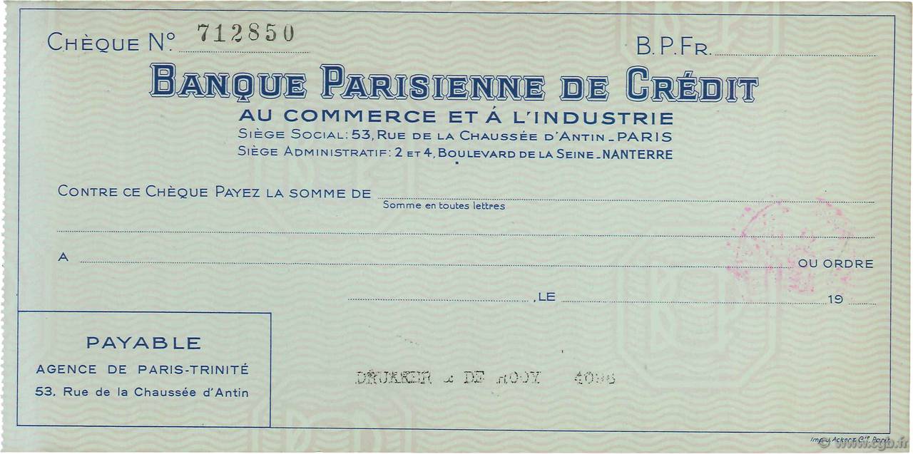 Francs FRANCE regionalismo y varios Paris 1930 DOC.Chèque EBC