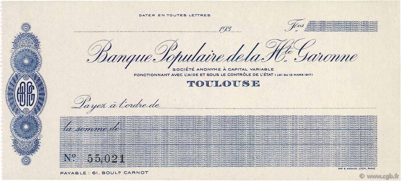 Francs FRANCE régionalisme et divers Toulouse 1930 DOC.Chèque SPL