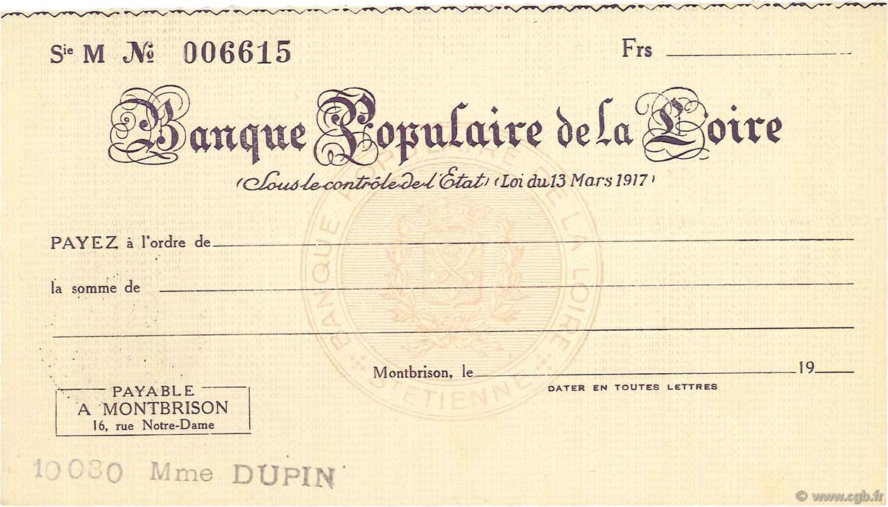 Francs FRANCE régionalisme et divers Montbrison 1933 DOC.Chèque SPL