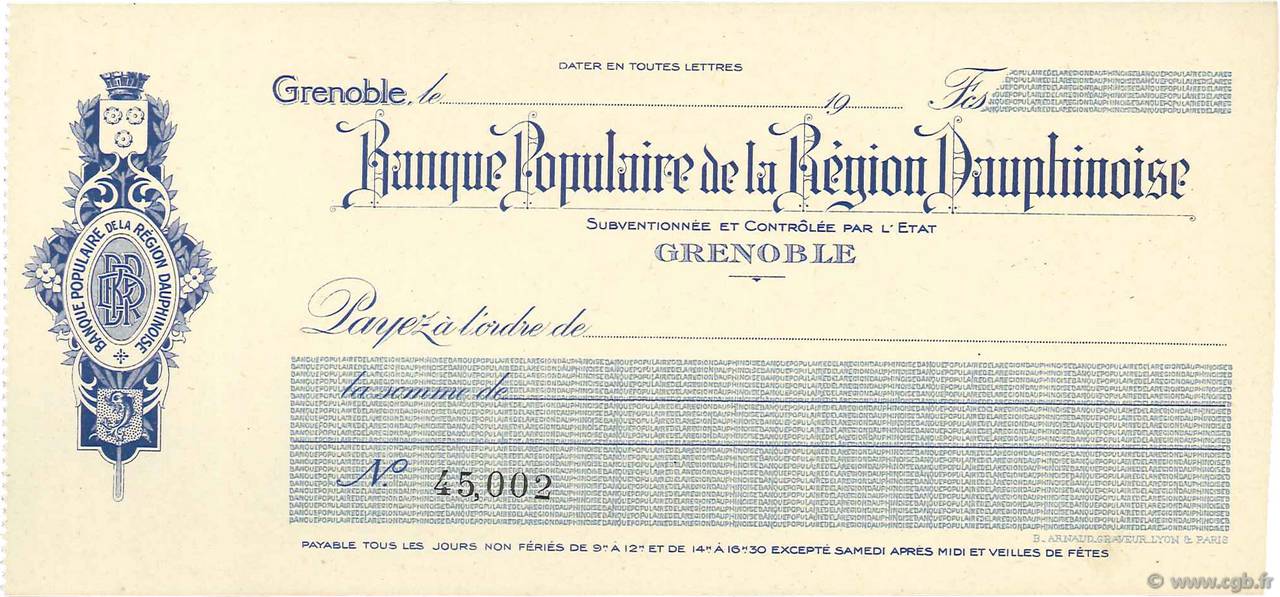 Francs FRANCE regionalismo y varios Grenoble 1917 DOC.Chèque SC