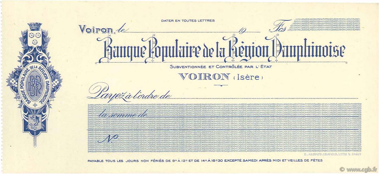 Francs FRANCE régionalisme et divers Voiron 1917 DOC.Chèque SPL