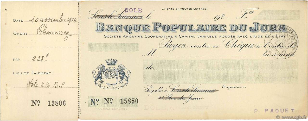 Francs FRANCE régionalisme et divers Lons-Le-Saunier 1924 DOC.Chèque TTB
