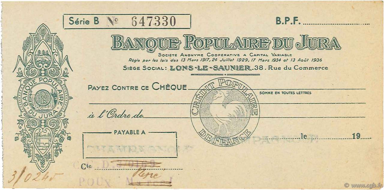 Francs FRANCE Regionalismus und verschiedenen Lons-Le-Saunier 1936 DOC.Chèque VZ