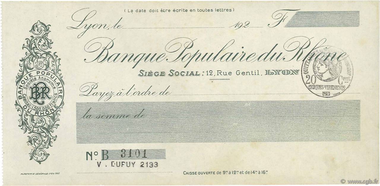 Francs FRANCE régionalisme et divers Lyon 1920 DOC.Chèque SUP