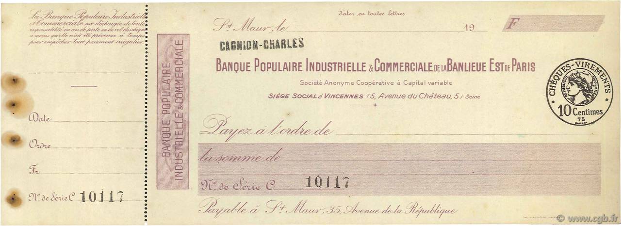 Francs FRANCE regionalismo e varie St.Maur 1920 DOC.Chèque SPL