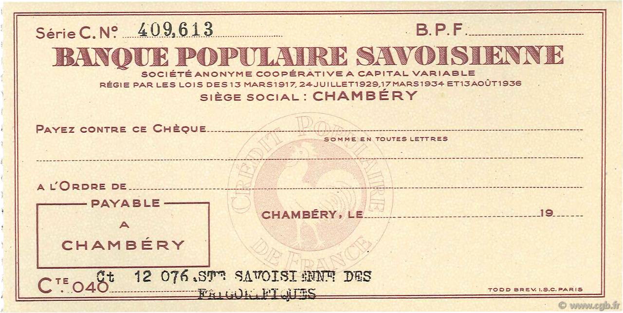 Francs FRANCE régionalisme et divers Chambéry 1936 DOC.Chèque SPL