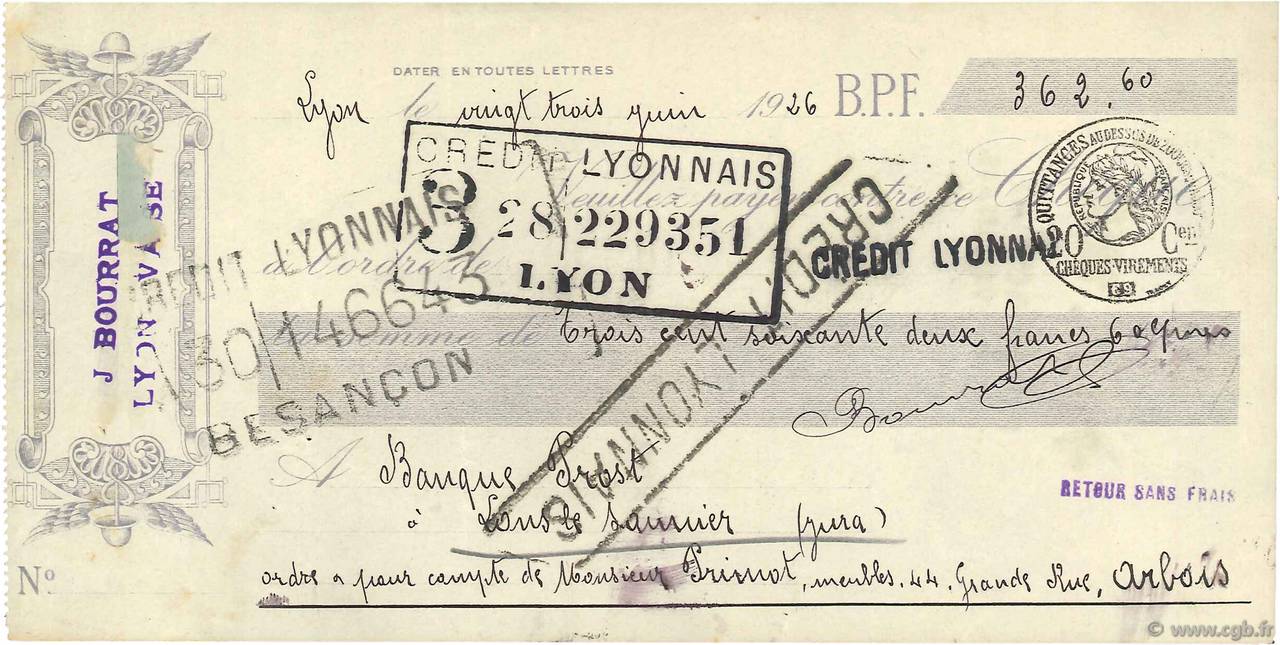 362,60 Francs FRANCE régionalisme et divers Lons-Le-Saunier 1926 DOC.Chèque TTB