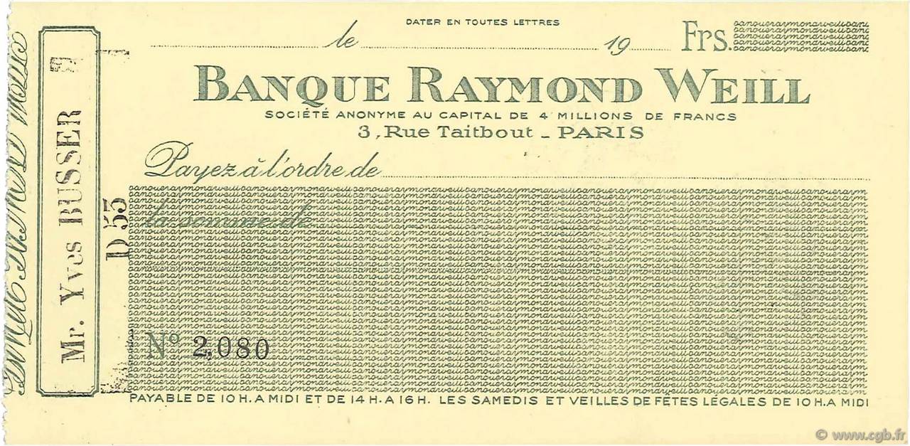 Francs FRANCE régionalisme et divers Paris 1933 DOC.Chèque NEUF