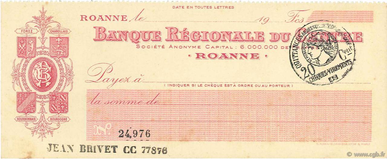 Francs FRANCE Regionalismus und verschiedenen Roanne 1915 DOC.Chèque fST
