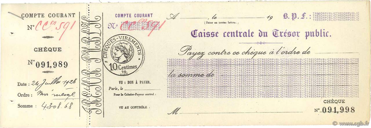 Francs FRANCE régionalisme et divers Paris 1928 DOC.Chèque SUP
