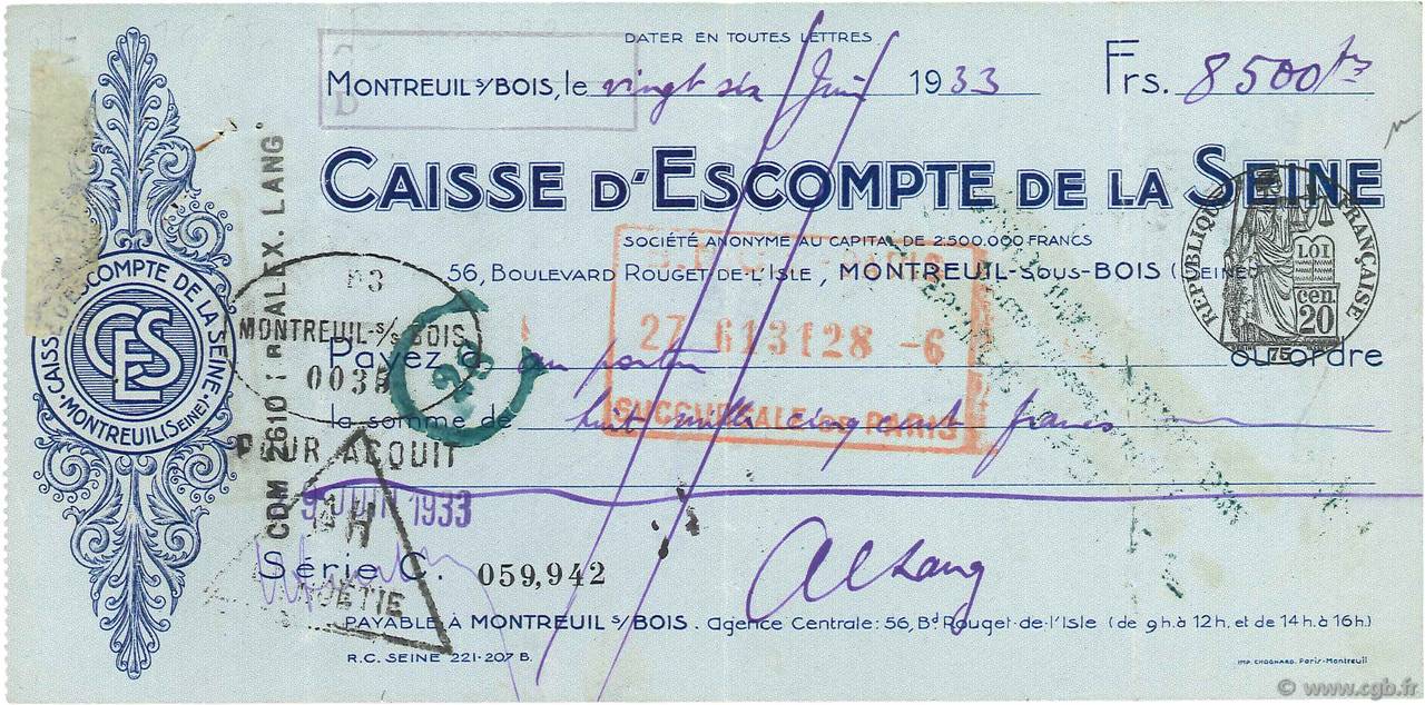 8500 Francs FRANCE regionalism and miscellaneous Montreuil Sous Bois 1933 DOC.Chèque VF