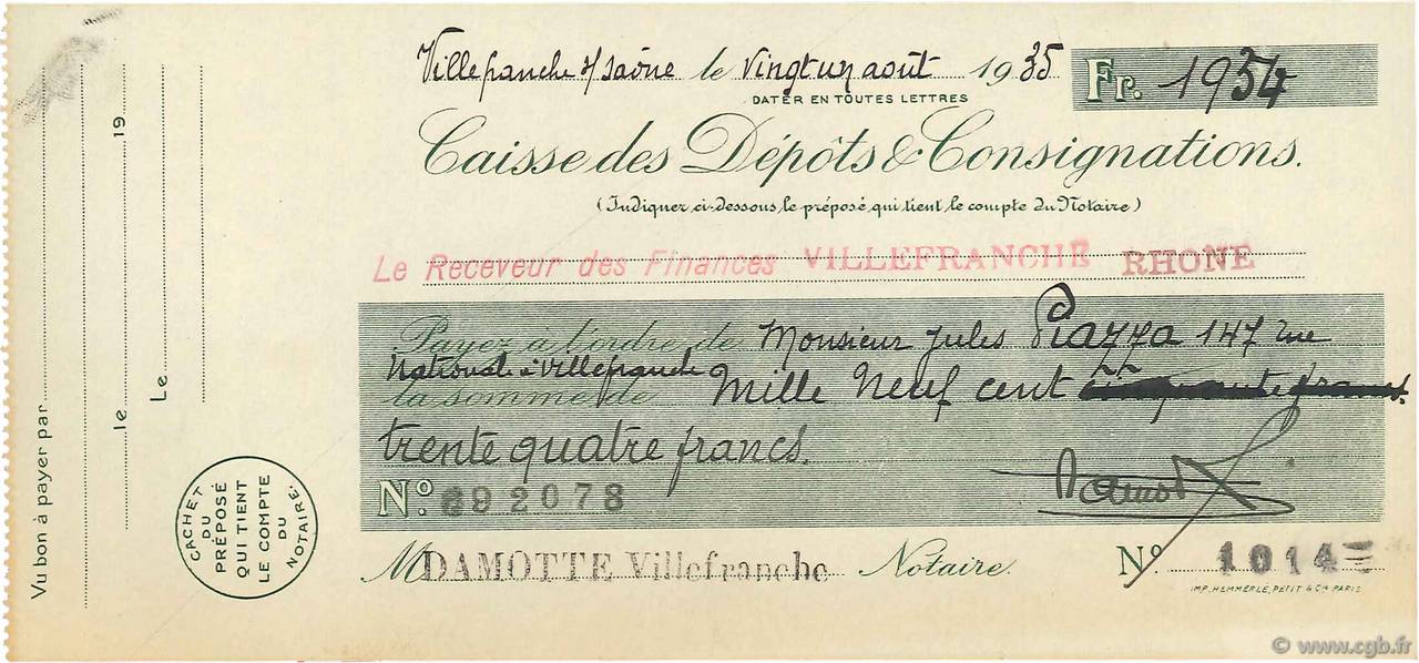 1934 Francs FRANCE Regionalismus und verschiedenen Villefranche-Sur-Saône 1935 DOC.Chèque SS