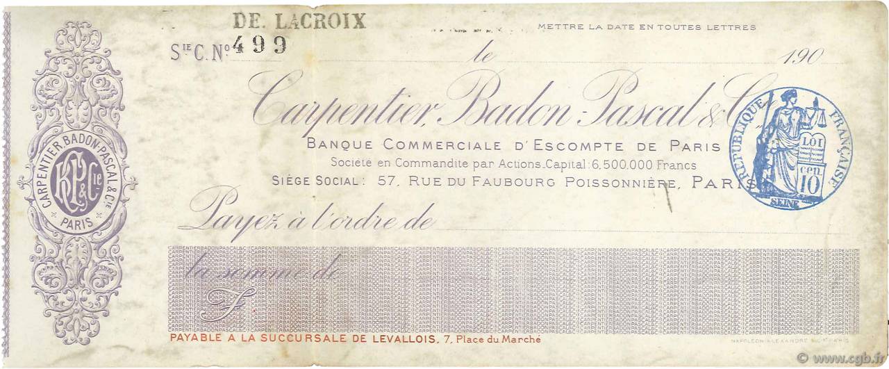Francs FRANCE regionalism and various Paris 1900 DOC.Chèque VF