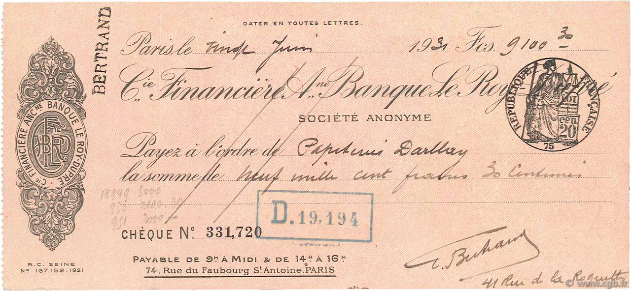 9100,30 Francs FRANCE regionalismo e varie Paris 1931 DOC.Chèque BB
