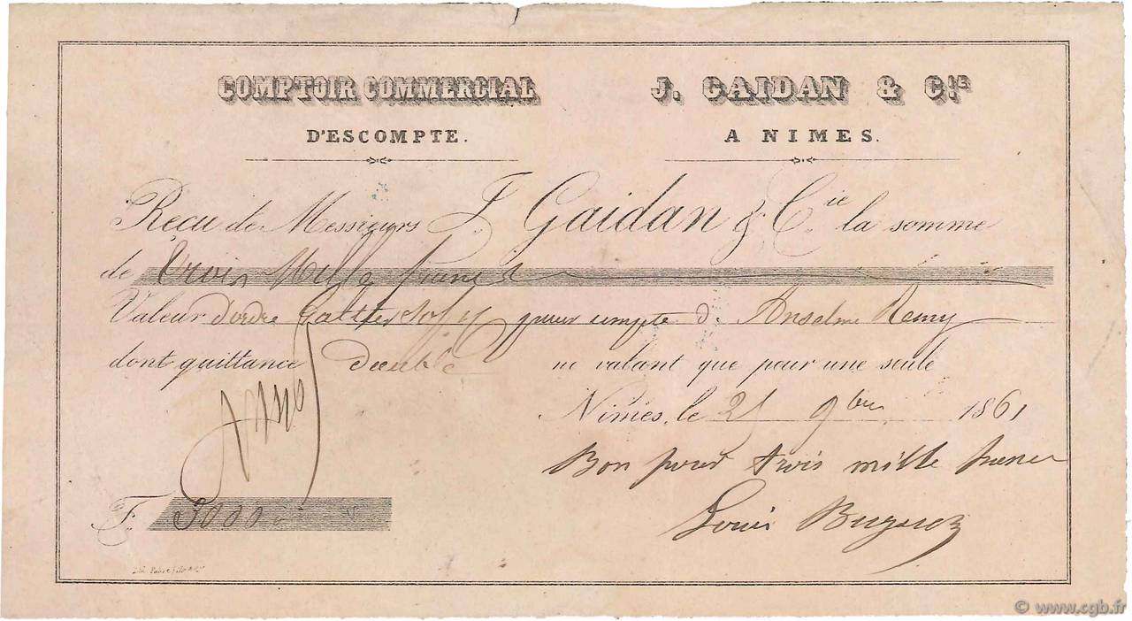 3000 Francs FRANCE régionalisme et divers Nîmes 1861 DOC.Reçu TTB