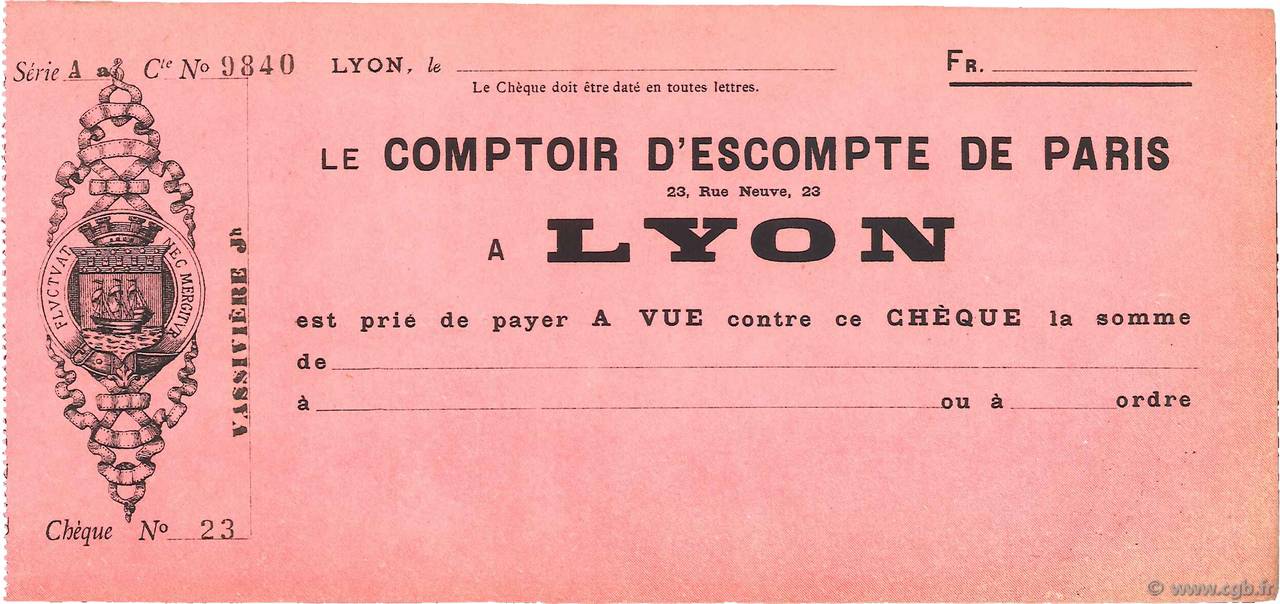 Francs FRANCE régionalisme et divers Lyon 1871 DOC.Chèque SPL