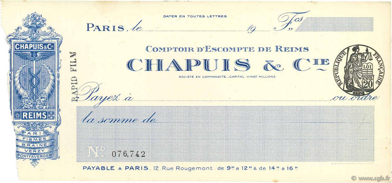 Francs FRANCE regionalismo y varios Paris 1913 DOC.Chèque MBC