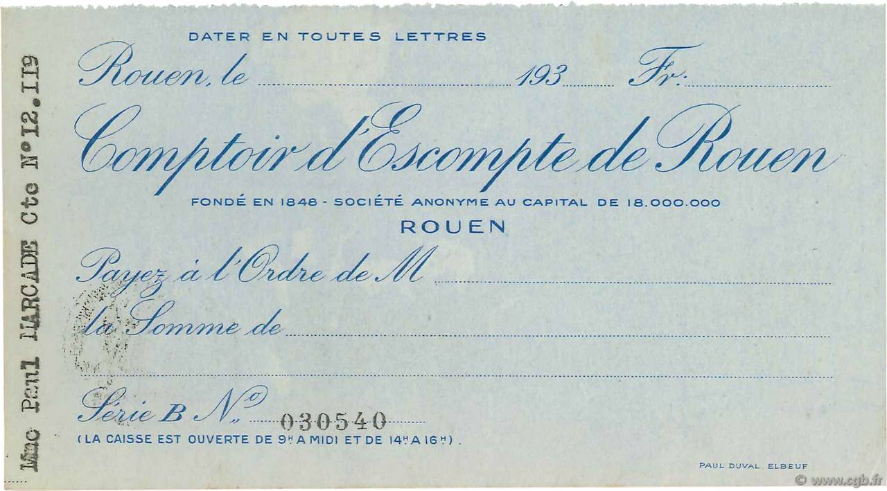 Francs FRANCE regionalismo y varios Rouen 1930 DOC.Chèque EBC