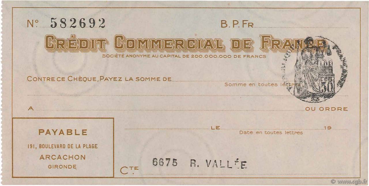 Francs FRANCE régionalisme et divers Arcachon 1933 DOC.Chèque SUP