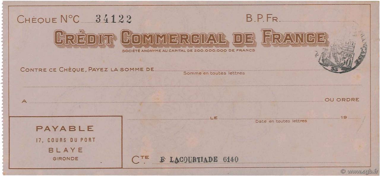 Francs FRANCE Regionalismus und verschiedenen Blaye 1933 DOC.Chèque VZ