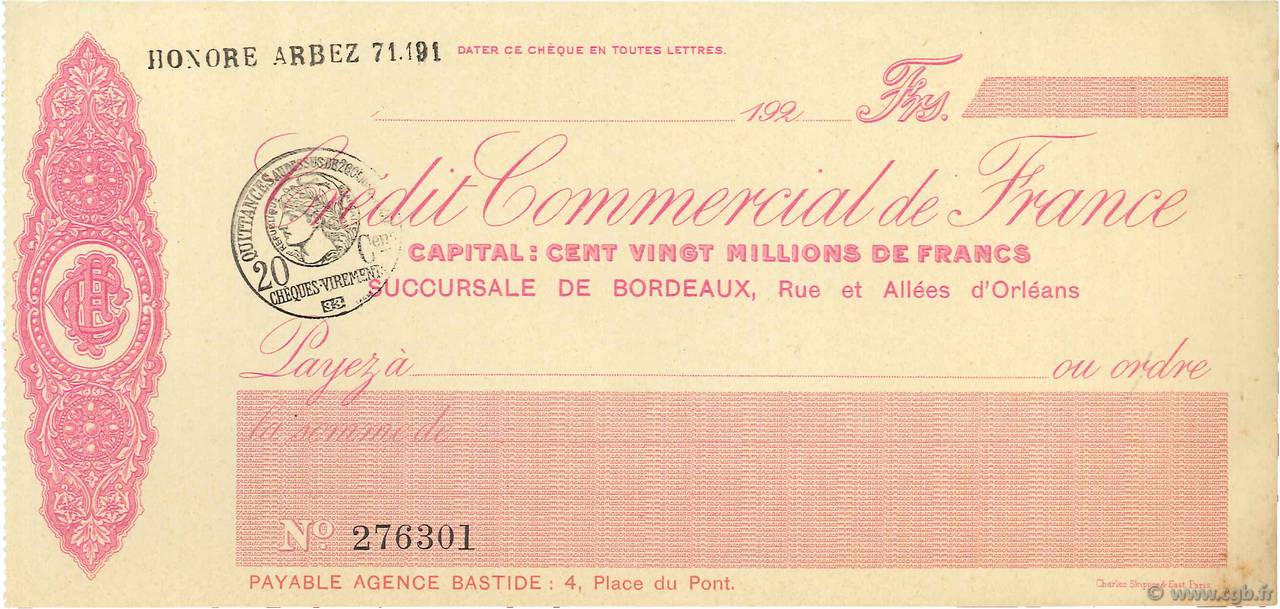 Francs FRANCE régionalisme et divers Bordeaux 1920 DOC.Chèque SUP
