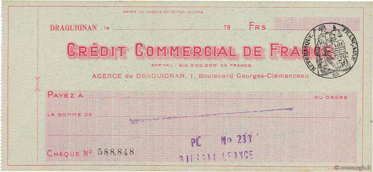 Francs FRANCE regionalismo y varios Draguignan 1933 DOC.Chèque EBC