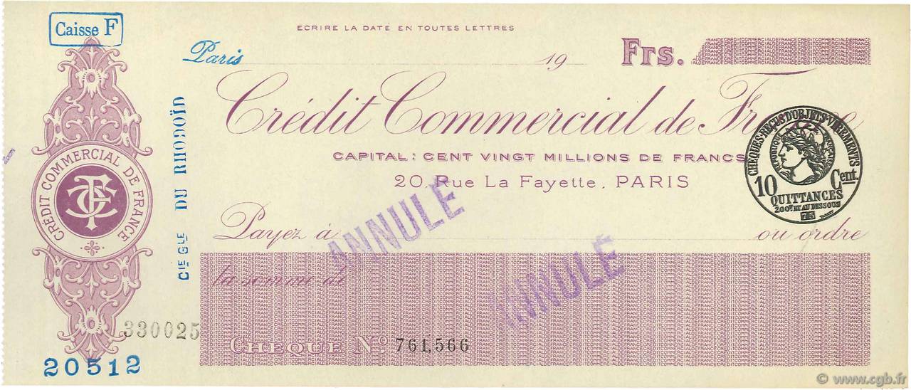 Francs Annulé FRANCE régionalisme et divers Paris 1915 DOC.Chèque SUP