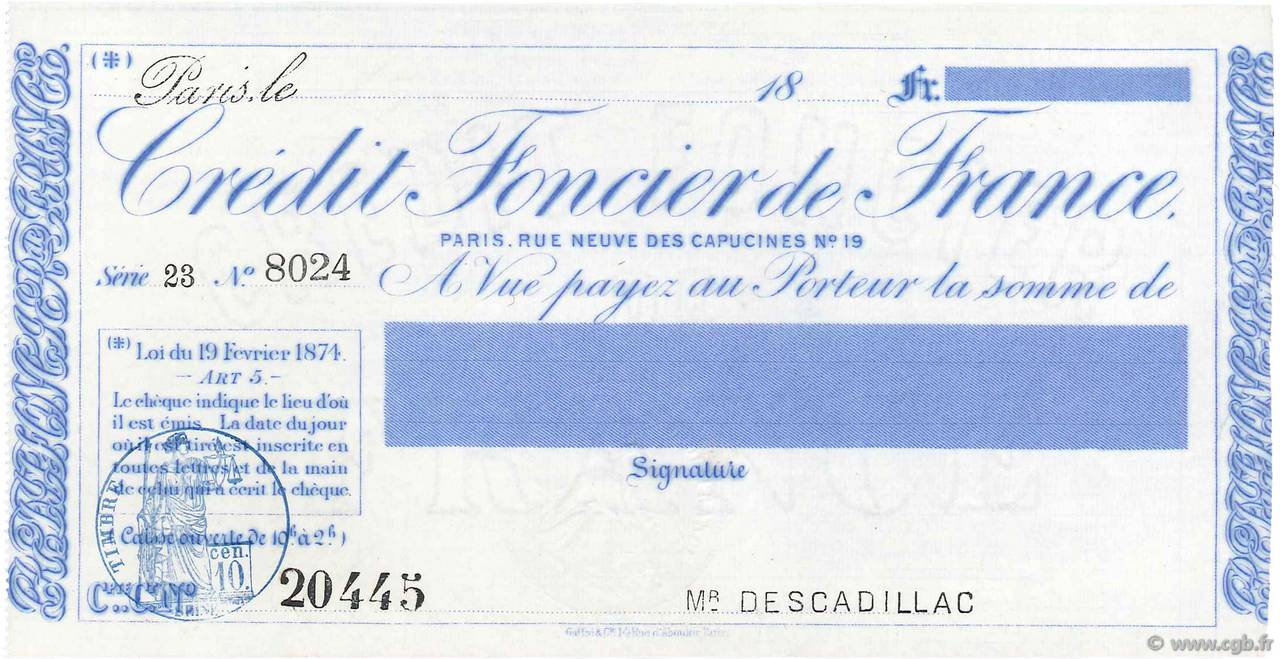 Francs FRANCE régionalisme et divers Paris 1871 DOC.Chèque SPL
