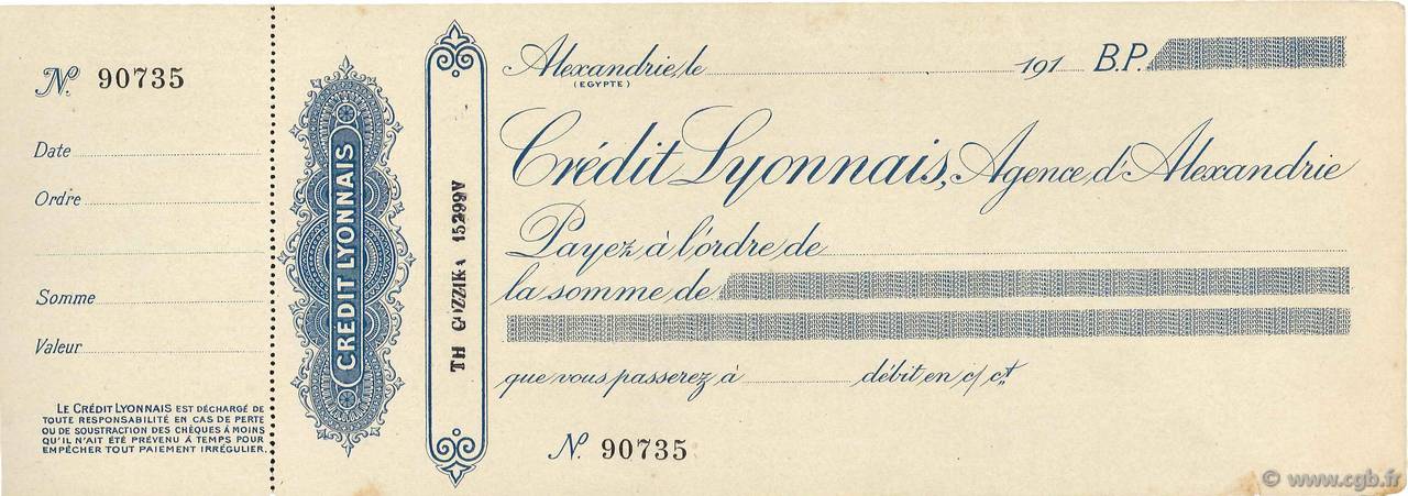(Piastres) FRANCE régionalisme et divers Alexandrie 1910 DOC.Chèque SUP