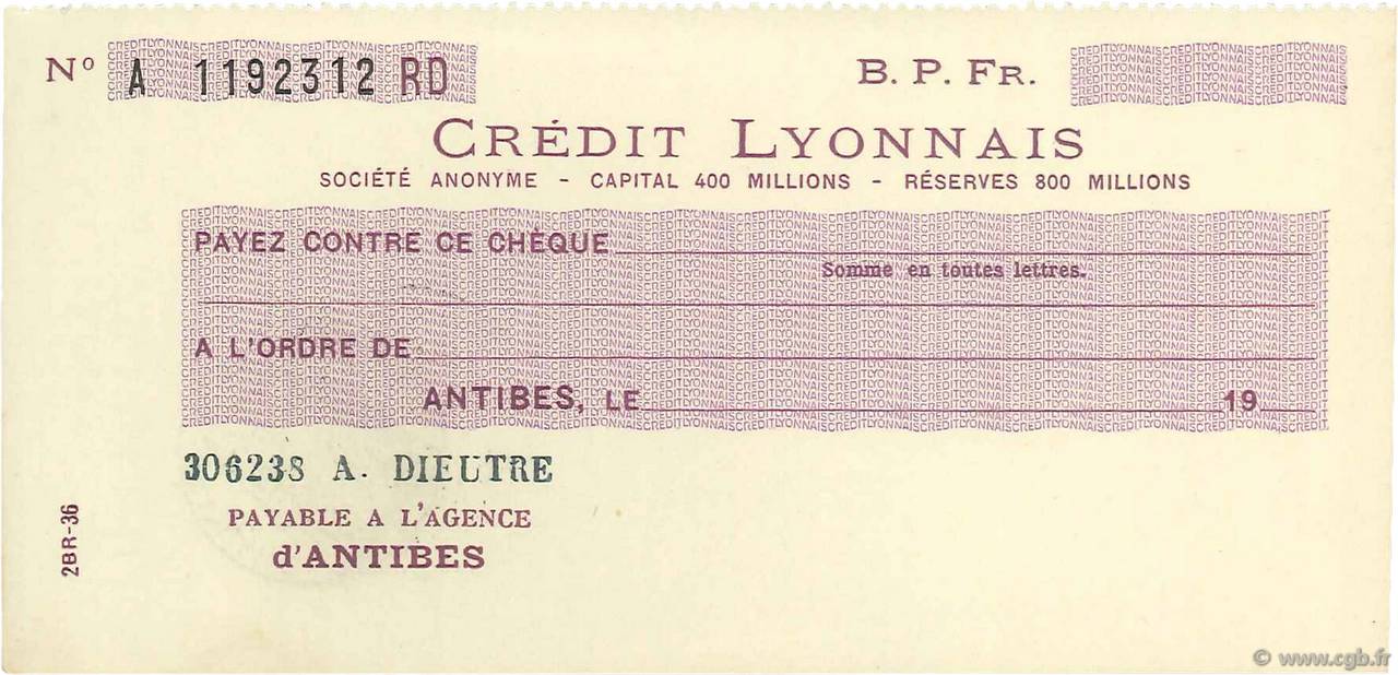 Francs FRANCE regionalism and miscellaneous Antibes 1933 DOC.Chèque AU