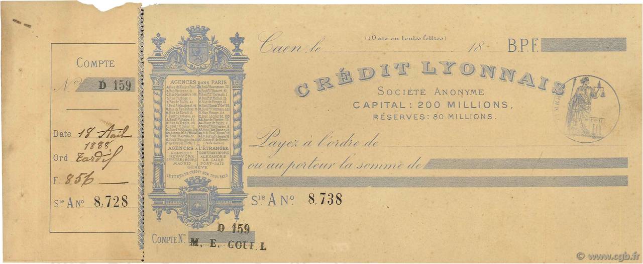 Francs FRANCE régionalisme et divers Caen 1888 DOC.Chèque TTB