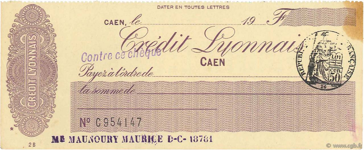 Francs FRANCE regionalismo e varie Caen 1933 DOC.Chèque SPL