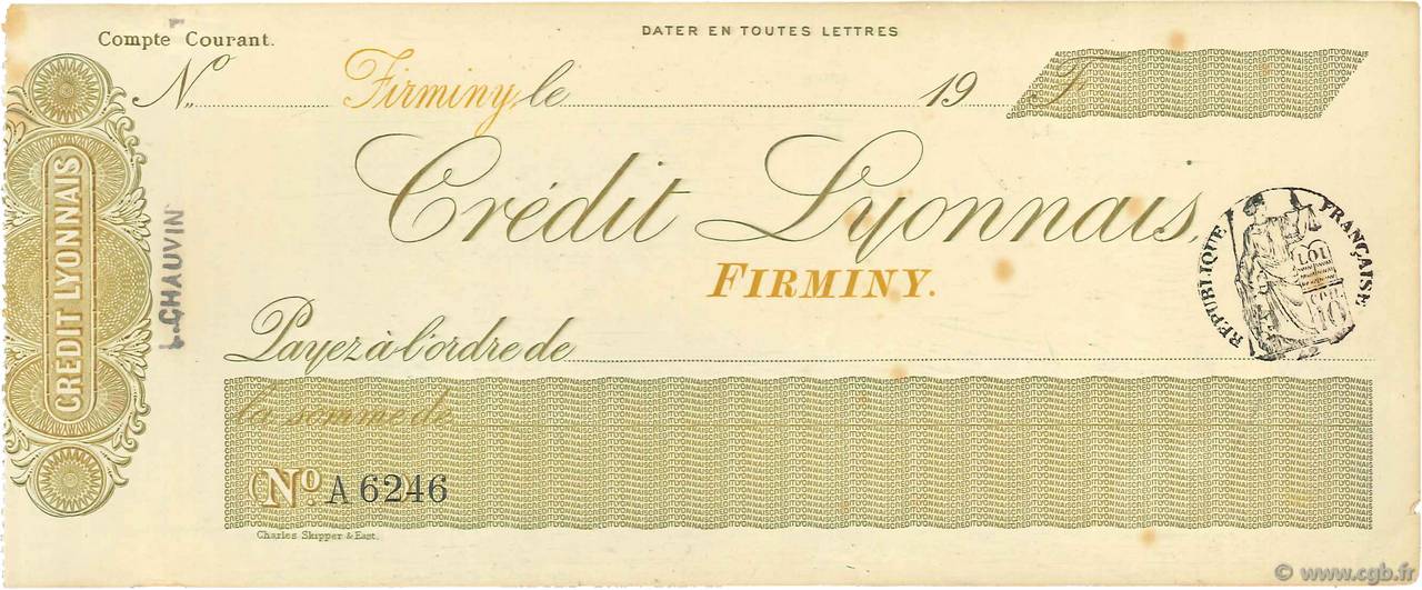 Francs FRANCE regionalismo e varie Firminy 1900 DOC.Chèque SPL