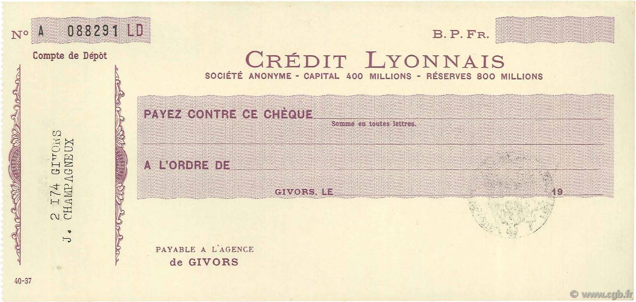 Francs FRANCE regionalismo y varios Givors 1933 DOC.Chèque SC
