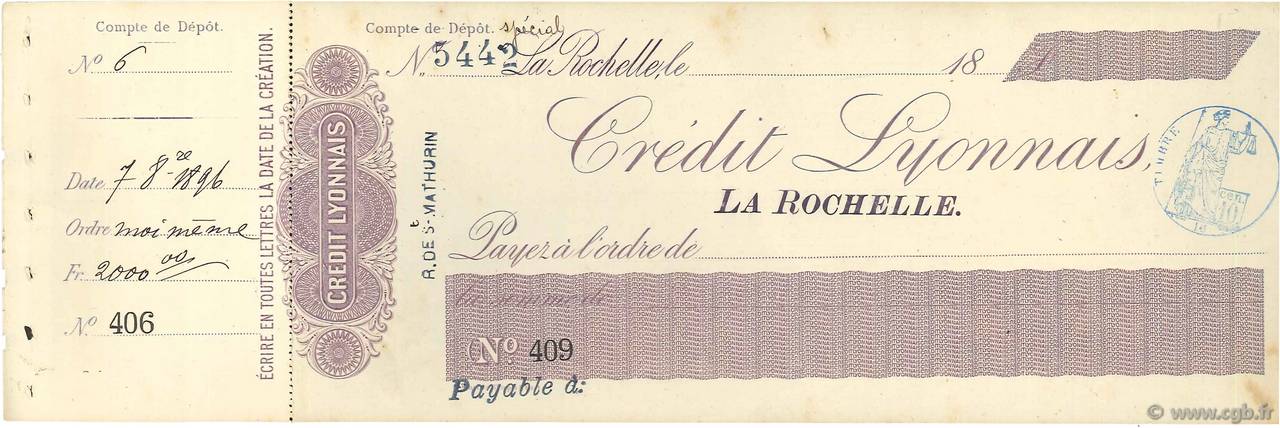 Francs FRANCE régionalisme et divers La Rochelle 1896 DOC.Chèque SUP