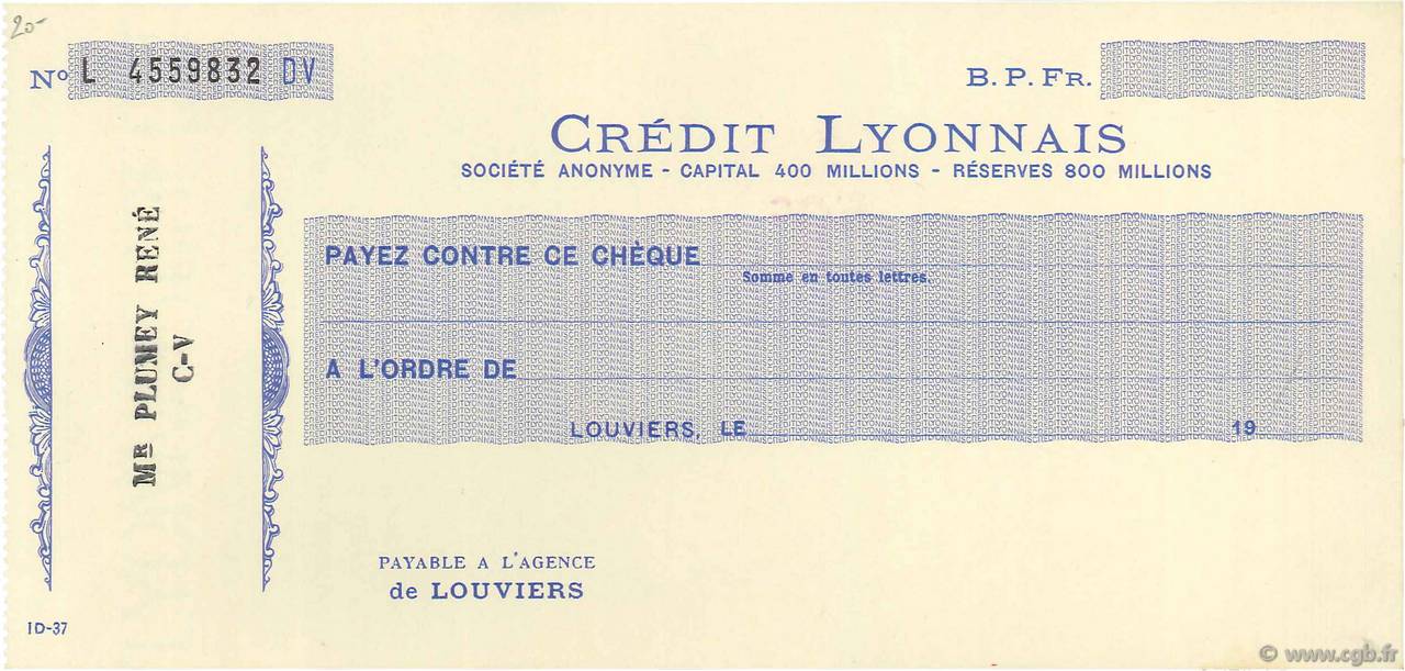 Francs FRANCE régionalisme et divers Louviers 1930 DOC.Chèque SUP
