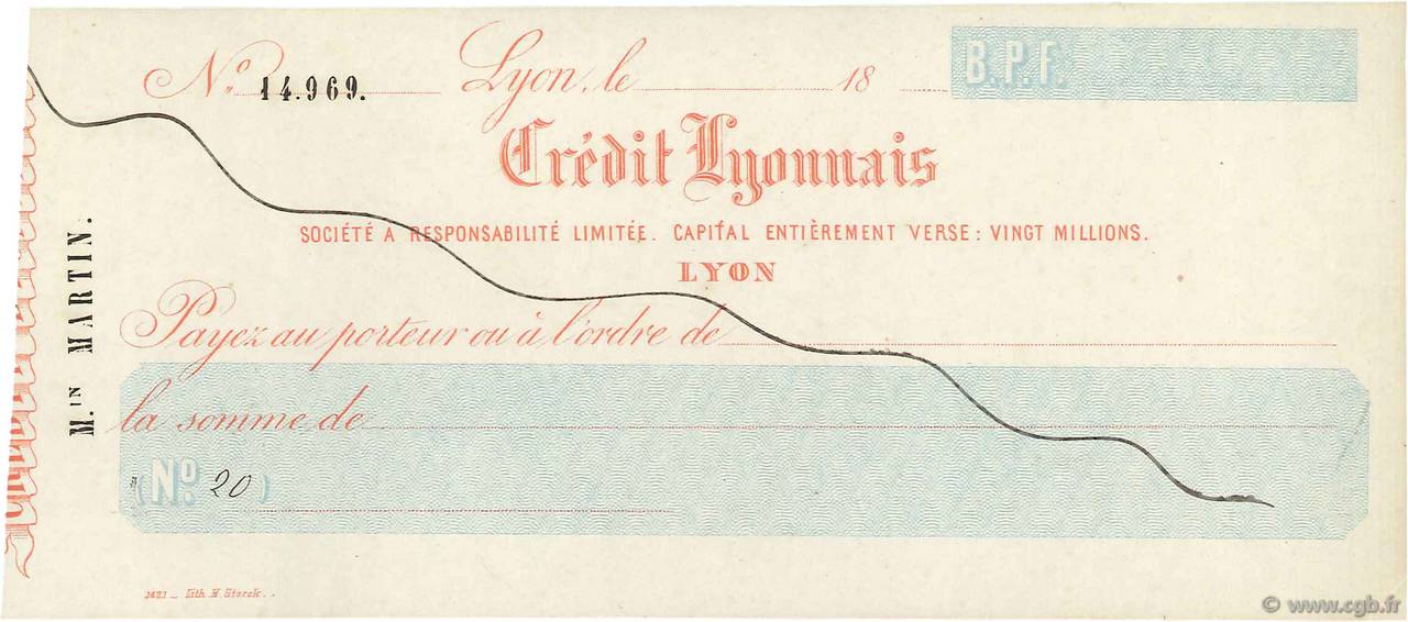 Francs Annulé FRANCE régionalisme et divers Lyon 1865 DOC.Chèque SUP