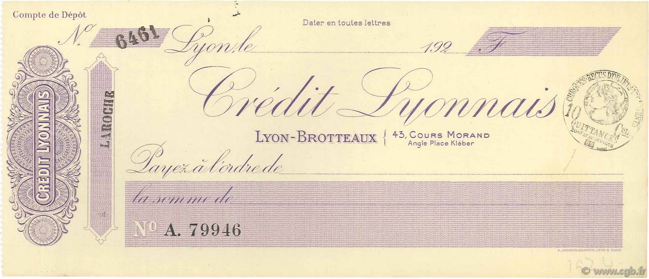 Francs FRANCE régionalisme et divers Lyon 1920 DOC.Chèque SUP