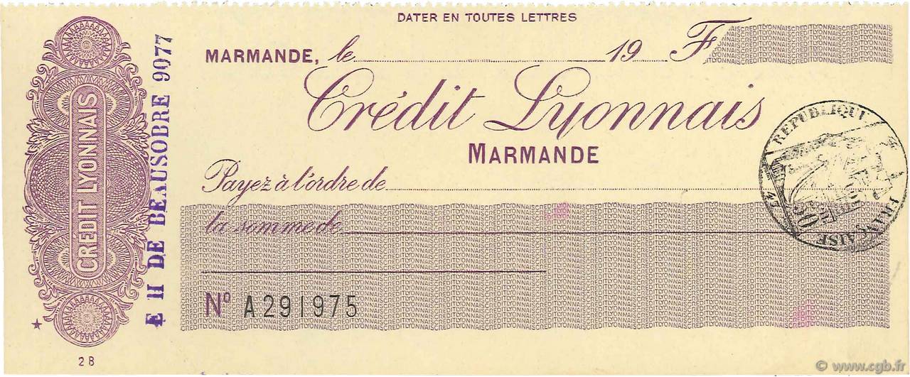 Francs FRANCE régionalisme et divers Marmande 1933 DOC.Chèque SPL
