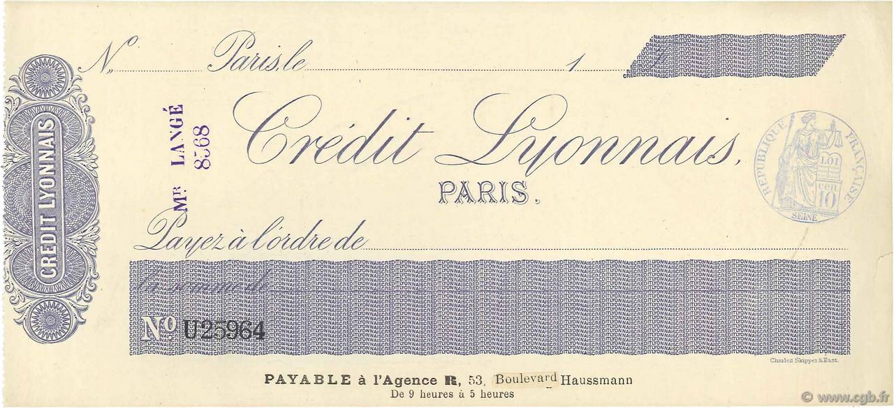 Francs FRANCE régionalisme et divers Paris 1874 DOC.Chèque SUP