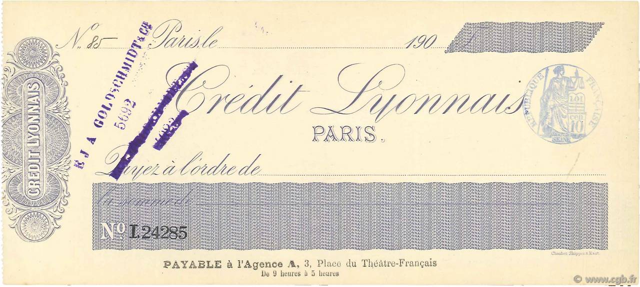 Francs FRANCE régionalisme et divers Paris 1900 DOC.Chèque SUP